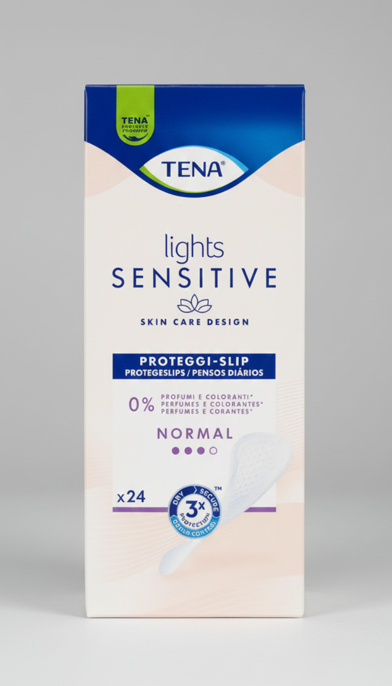 TENA Lights Sensitive Proteggi-Slip Normal 20 Pezzi | Per Perdite Urinarie Leggere | 0% Profumi e Coloranti per Pelli Sensibili | Tripla Protezione Odori, Perdite e Umidità