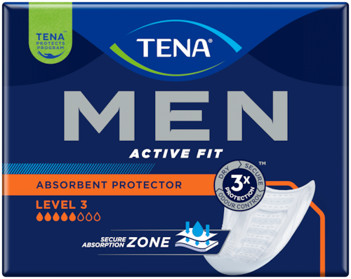 TENA Men Active Fit Livello 3 | 8 Assorbenti Maschili | Assorbenza Super per Perdite Moderate e Pesanti | Doppia Zona Assorbente Giorno e Notte