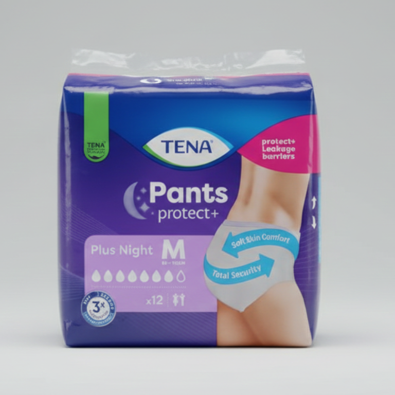 TENA Pants Plus Night Taglia M 12 Pezzi | Mutandine Assorbenti Notte Unisex | Protezione Lie-Down Protection per Riposo Ininterrotto | Vita 80-110 cm