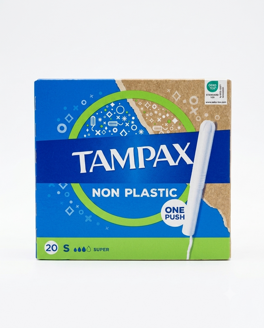 Tampax Non Plastic Super 20 pezzi, assorbenti interni con applicatore in cartone, ideali per il flusso mestruale medio-abbondante e per una protezione discreta.