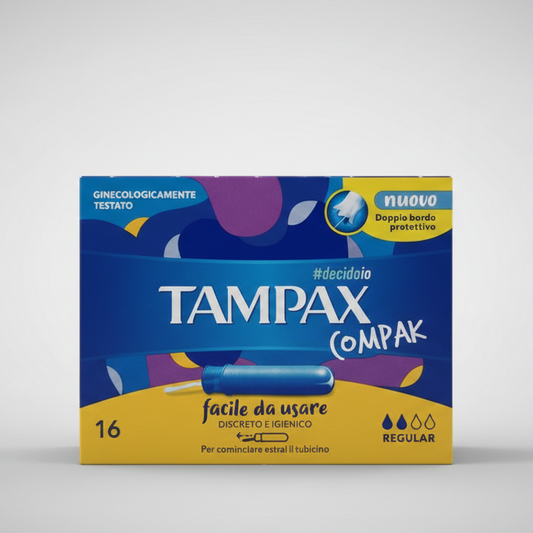 Tampax Compak Regular 16 tamponi interni con applicatore retrattile discreto per flussi leggeri e medi, tecnologia LeakGuard® anti-fuoriuscite e punta arrotondata per inserimento confortevole.