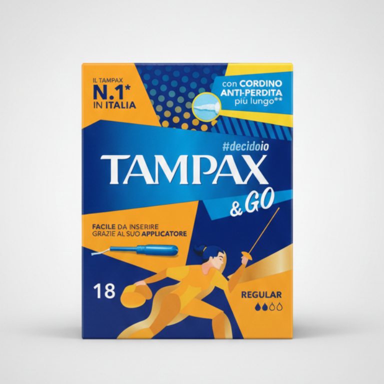 Tampax & Go Regular 18 pezzi con applicatore, tamponi per flussi medi, protezione 2 gocce fino a 8 ore.