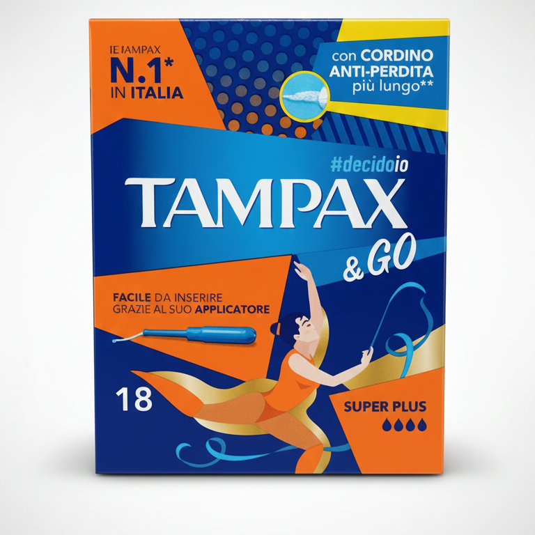 Tampax &Go Super Plus 18 Pezzi — Tampone interno con applicatore per flussi molto abbondanti, protezione fino a 8 ore, cordino extra lungo anti-perdita.