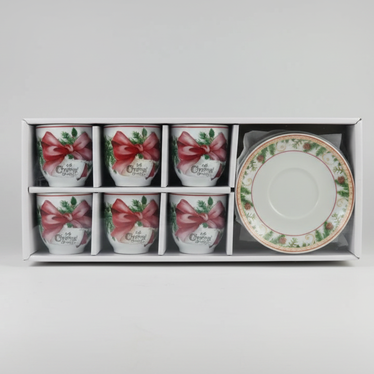 Set 6 Tazzine da Caffè con Piattini  Decoro Natalizio Red Ribbon Garland