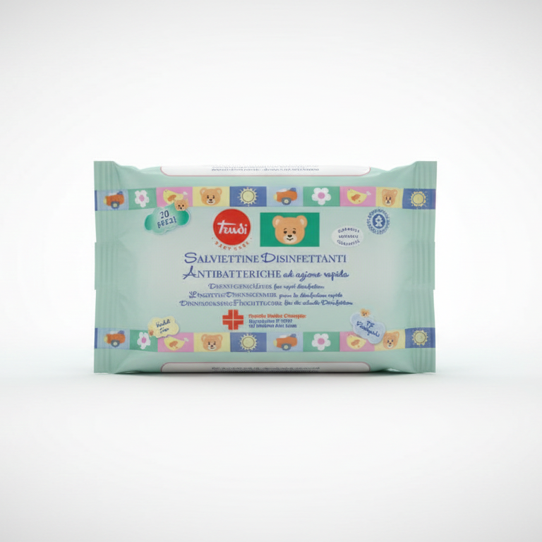 Trudi Baby Care | Salviettine Disinfettanti Antibatteriche | 20 Pezzi | Azione Disinfettante Rapida | Ideali per Mani e Superfici | Presidio Medico Chirurgico | Senza Alcool | Formato Pratico Pocket