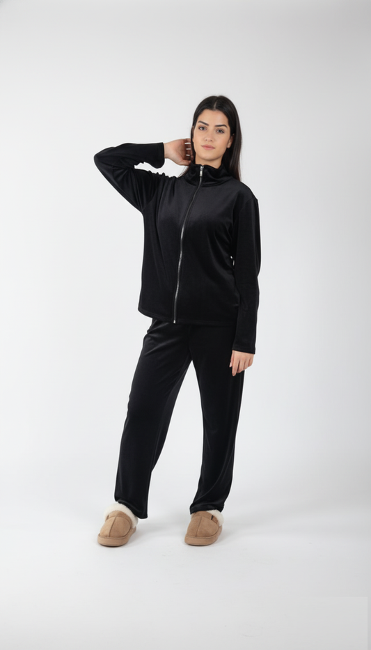 100 Sbadigli Tuta/Pigiama Donna in Velluto con Zip – Caldissimo e Morbido – Comfort Invernale – Tortora/Nero