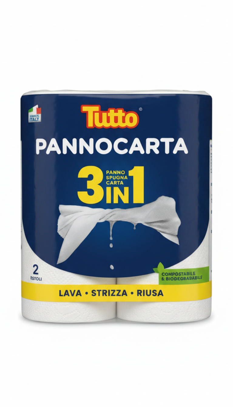 Tutto Pannocarta 3in1 Asciugatutto 2 Rotoli | Funzione Carta, Panno e Spugna | Ultraresistente anche da Bagnato | Lavabile in Lavatrice e Riutilizzabile