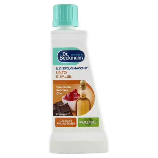 Dr. Beckmann Dissolvi Macchie Unto & Salse 50ml smacchiatore specifico per grassi, olio, burro, ketchup e sughi, formula ad alta concentrazione di tensioattivi con azione emulsionante lipidica che scioglie le macchie oleose e le rende solubili in acqua, efficace anche su sporco alimentare e grassi ostinati, formula anti-alone che preserva i colori dei tessuti, delicato su seta e lana non lavabile, adatto anche per macchie di origine industriale come lubrificanti e grasso meccanico, trattamento pre-lavaggio 