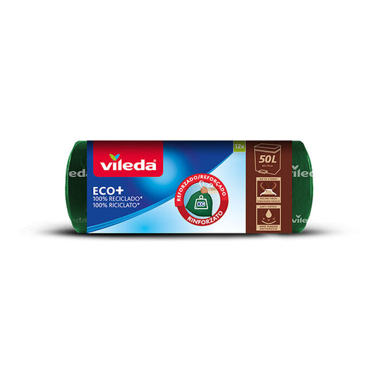 Vileda ECO+ Sacchetti Spazzatura 50 L, confezione da 12 pezzi, sacchi immondizia 69×75 cm in plastica 100% riciclata, rinforzati e resistenti, con maniglie integrate, sistema anti-goccia, riciclati e riciclabili.