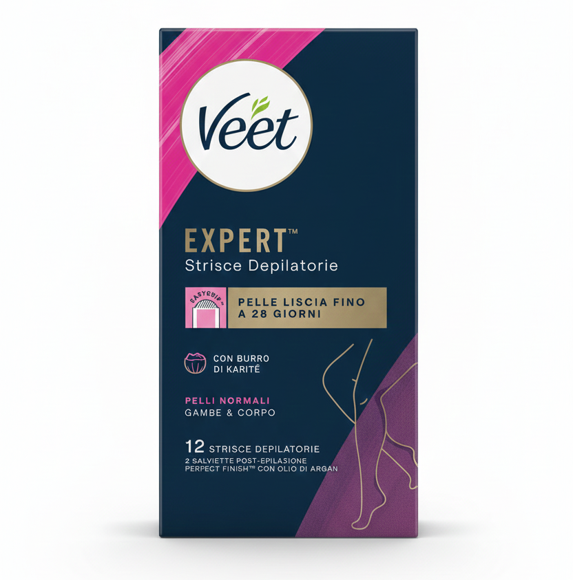 VEET Expert Strisce Depilatorie Corpo e Gambe 12pz – Pelli Normali con Burro di Karité – Tecnologia Easy-Gelwax™