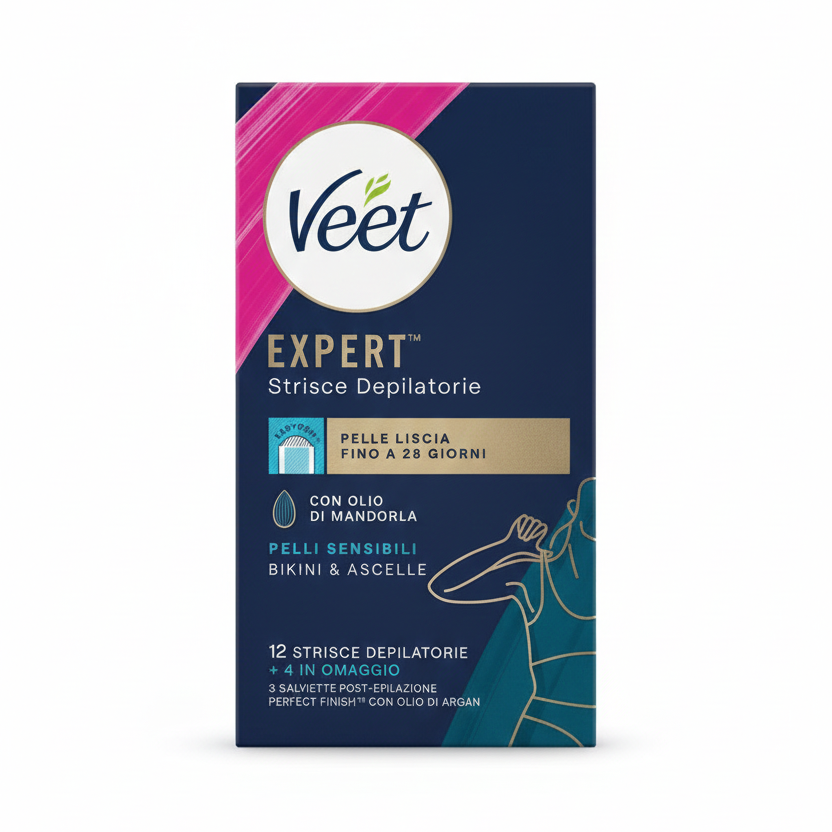Lungo Veet Expert Strisce Depilatorie Ascelle e Zona Bikini 16 pz (12+4) | Per Pelli Sensibili con Olio di Mandorla | Tecnologia Easy-Gelwax™ | Fino a 28 Giorni di Lisciatezza | Efficace su Peli Corti (1.5mm)