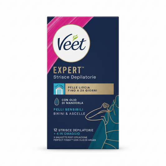 Lungo Veet Expert Strisce Depilatorie Ascelle e Zona Bikini 16 pz (12+4) | Per Pelli Sensibili con Olio di Mandorla | Tecnologia Easy-Gelwax™ | Fino a 28 Giorni di Lisciatezza | Efficace su Peli Corti (1.5mm)