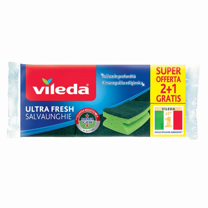 Vileda Ultrafresh Spugna Salvaunghie 2+1 Pezzi – Doppio Trattamento Antibatterico e Anti-Odore – Idrofila Alta Assorbenza