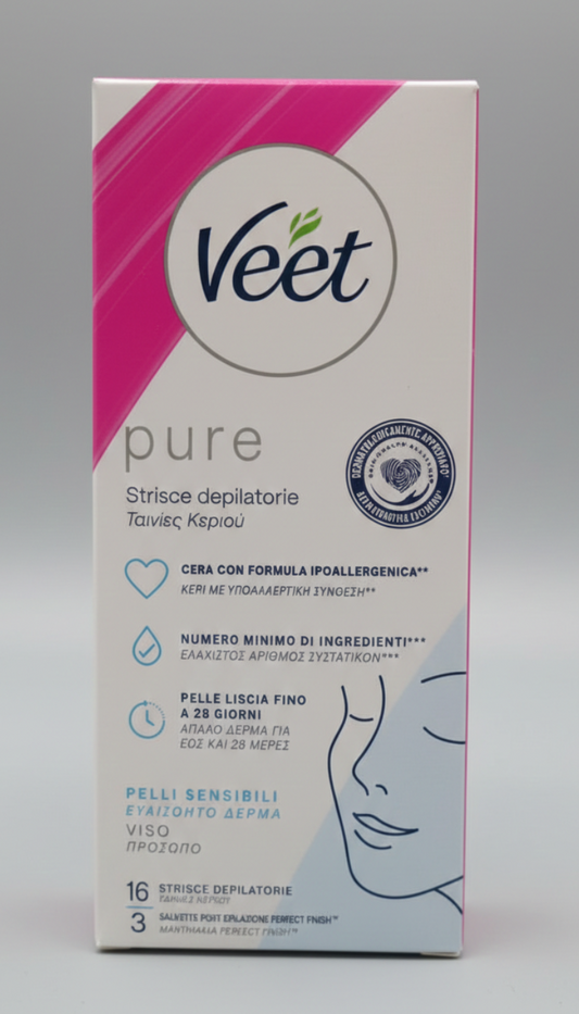 VEET Pure Strisce Depilatoria Viso 16 pz | Formula Ipoallergenica Pelli Sensibili | Senza Profumo e Coloranti | Tecnologia Easy-Gel™ | Liscio Fino a 28 Giorni