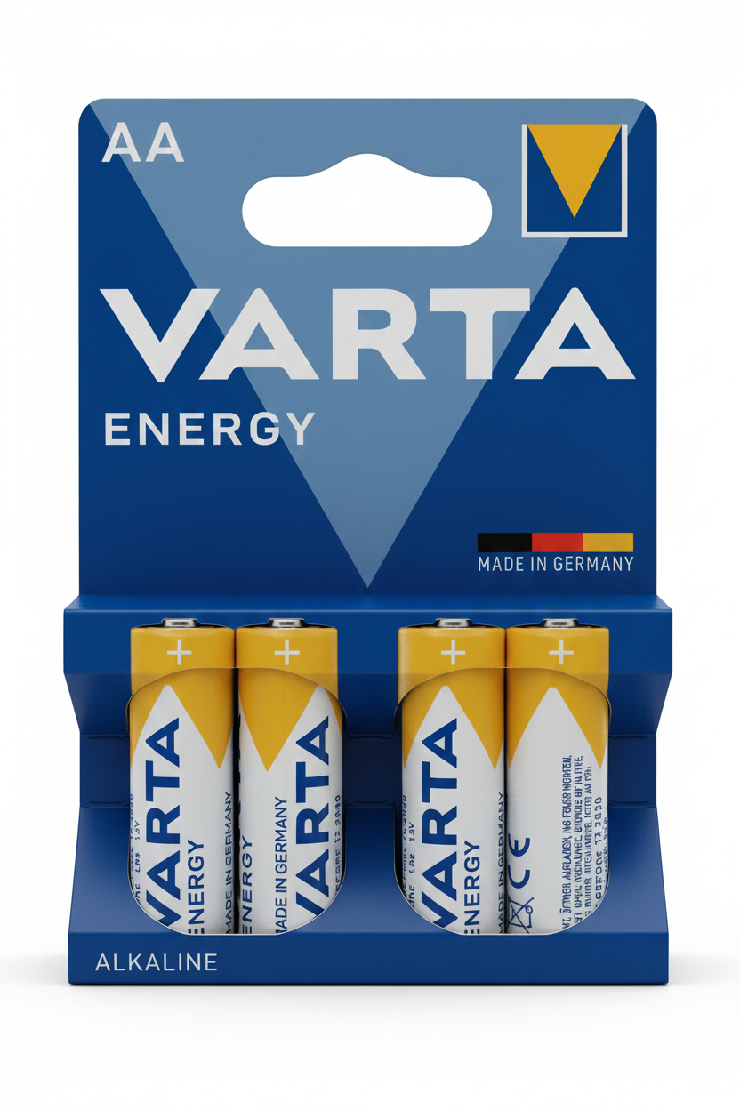 Varta Energy AA LR6, blister 4 batterie alcaline 1,5V Made in Germany con tecnologia long-lasting e 10 anni di durata.