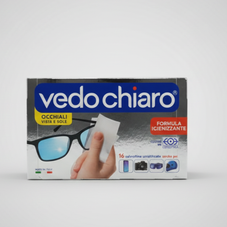 Vedo Chiaro Salviettine Umidificate per Occhiali da Vista e da Sole | 16 Pezzi Confezionati Singolarmente | Formula Anti-Alone e Antistatica | Ideale per Lenti e Smartphone