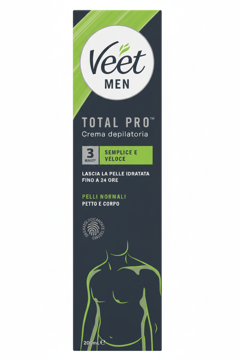Veet Men Total Pro™ Crema Depilatoria Petto e Corpo 200ml | Pelli Normali | Rapida in 3 Minuti | Idratazione 24 Ore