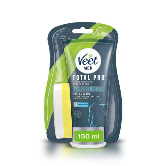 Veet Men Total Pro™ Crema Depilatoria Sotto la Doccia 150ml | Pelli Sensibili | Efficace in 6 Minuti | Resistente all'Acqua | Idratazione 24 Ore