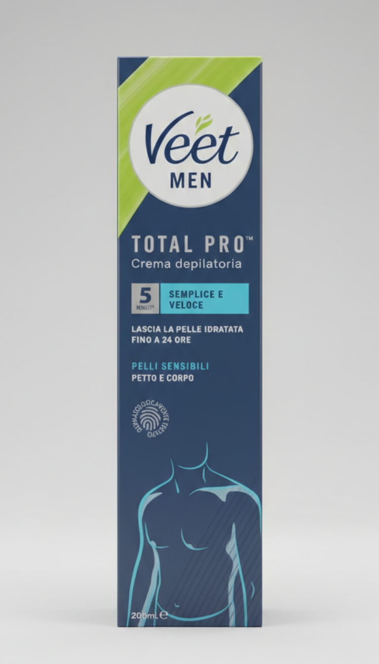 Veet Men Total Pro Crema Depilatoria Uomo 200 ml | Pelli Sensibili | Azione Rapida 5 Minuti | Tecnologia Anti-Odore per Petto e Corpo