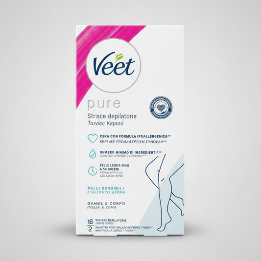 Veet Pure Strisce Depilatorie Corpo e Gambe 16pz – Formula Ipoallergenica Pelli Sensibili – Tecnologia Easy-Gel
