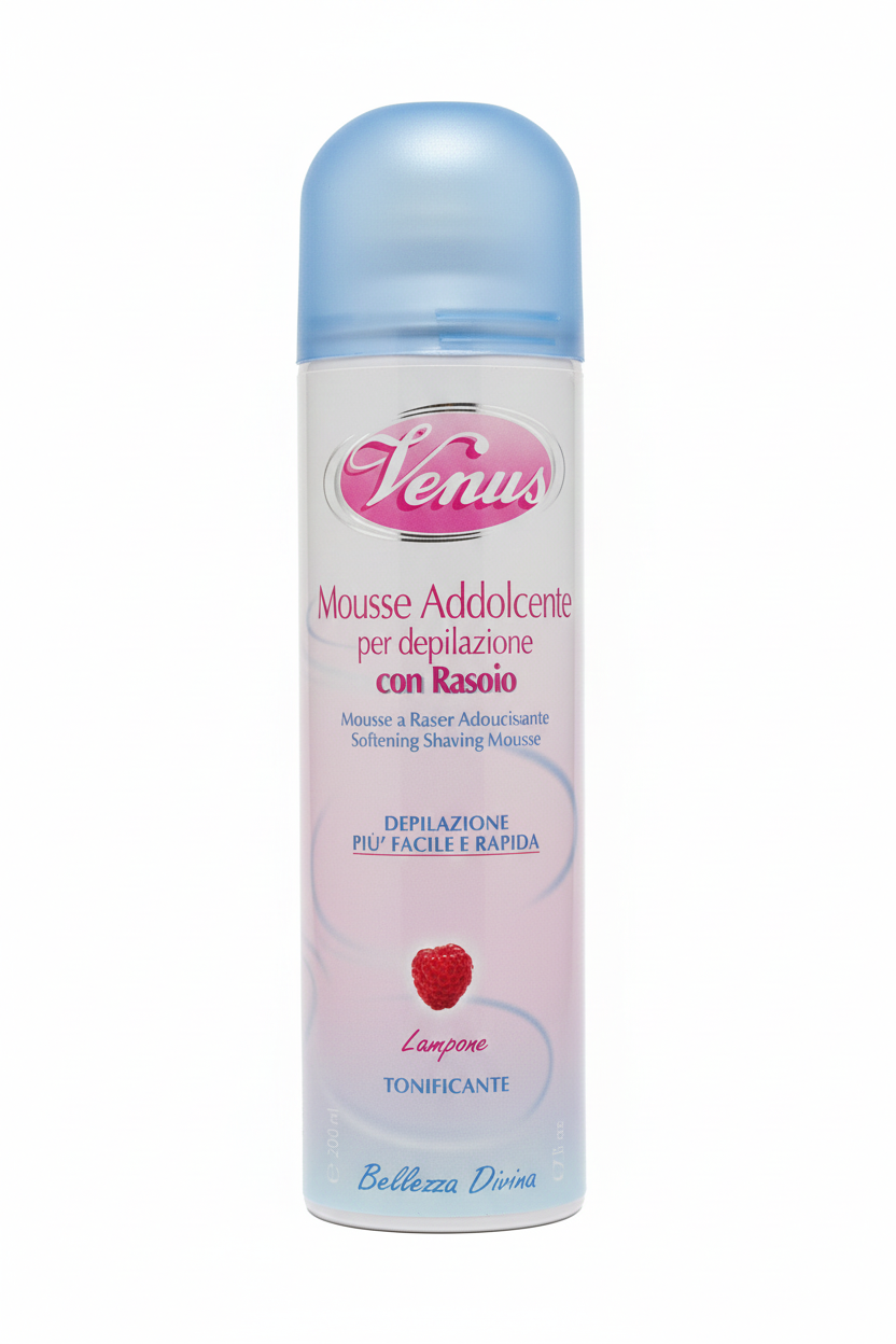 Venus Mousse Addolcente Depilazione Rasoio 200 ml | Estratto di Lampone Tonificante | Pelle Morbida e Idratata | Protezione Anti-Irritazioni