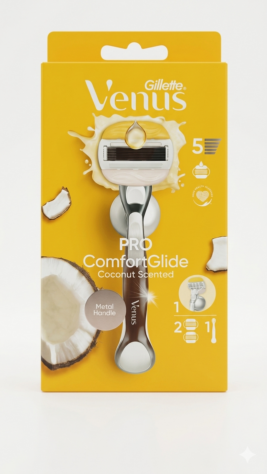 Gillette Venus Pro ComfortGlide Coconut – Rasoio Donna con Manico in Metallo, 2 Ricariche e Gancio Doccia – Per Pelle Secca