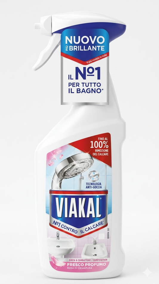 Viakal Anticalcare Spray Fresco Profumo Rosa di Primavera 470ml – Tecnologia Antigoccia per Bagno e Cucina
