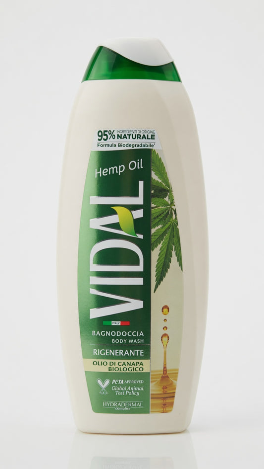 Vidal Bagnodoccia Hemp Oil 600 ml con olio di canapa biologico e tecnologia Hydradermal, maxi formato.