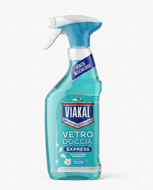 Viakal Vetro Doccia Express Spray 470 ml è un detergente anticalcare ad azione rapida progettato per mantenere box doccia, vetri e superfici del bagno sempre brillanti