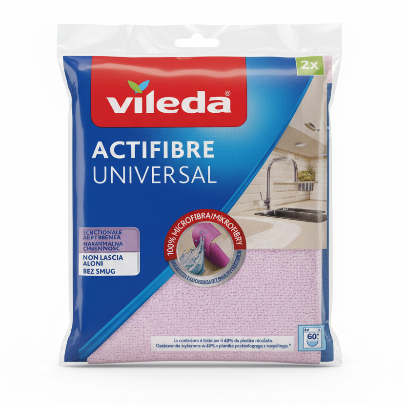 Vileda Actifibre Panno Microfibra Universale 2 Pezzi – Tecnologia Ultra Assorbente Actifibre™ – Zero Aloni su Vetri e Acciaio