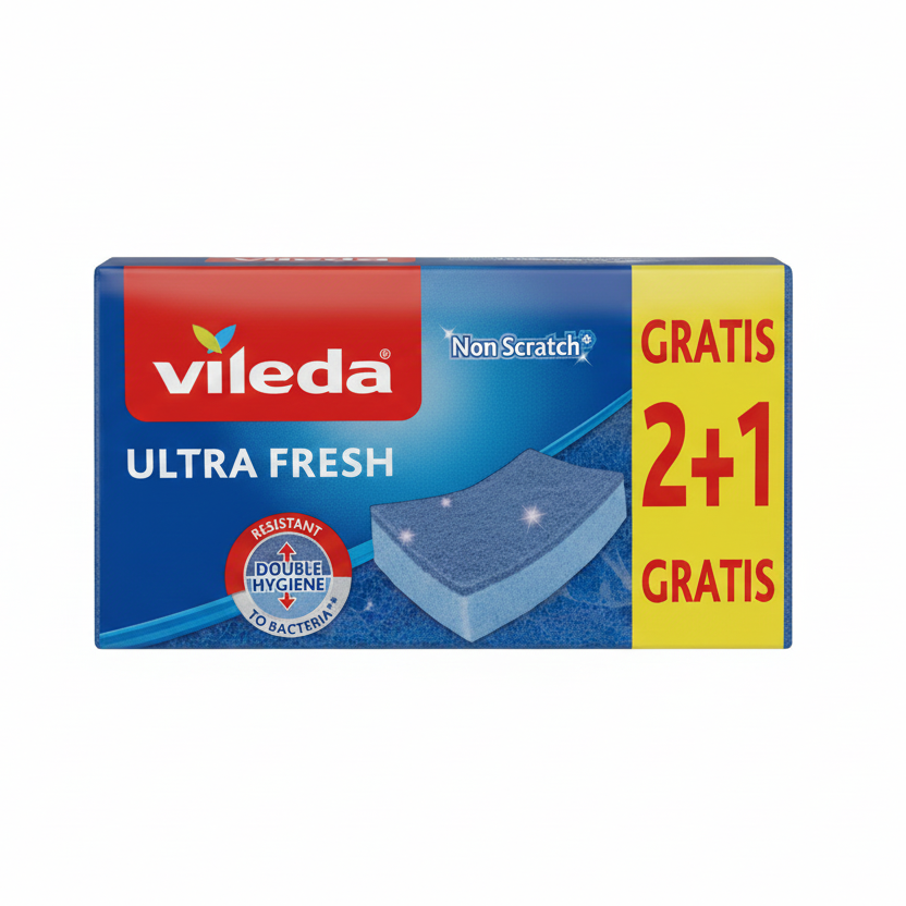 Vileda Ultra Fresh Spugna Abrasiva Antigraffio Antibatterica Double Hygiene – La Soluzione Igienica per Superfici Delicate