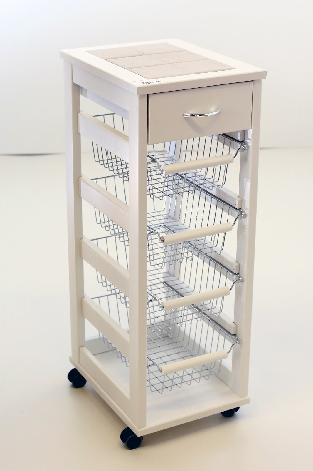 Mastrolegno Vesuvio Carrello Cucina Salvaspazio in Legno di Faggio Bianco con Mattonelle – Organizzazione Gourmet Salvaspazio