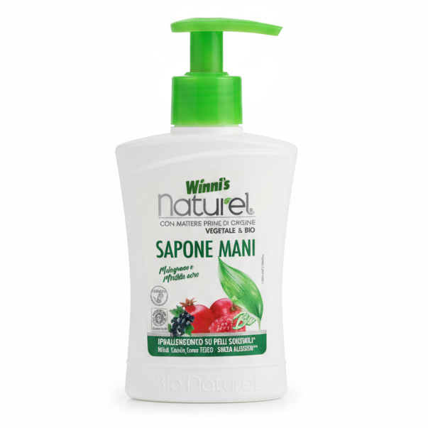 Winni's Naturel Sapone Mani Liquido 250ml | Estratti Bio di Melograno, Mirtillo e Aloe Vera | Eco Bio Cosmesi ICEA | Ipoallergenico e VeganOK
