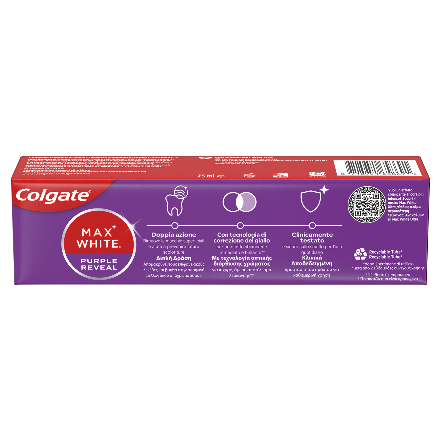 Colgate Max White Purple Reveal Dentifricio Sbiancante Istantaneo 75 ml – Tecnologia Ottica di Correzione del Colore e Protezione Avanzata dello Smalto