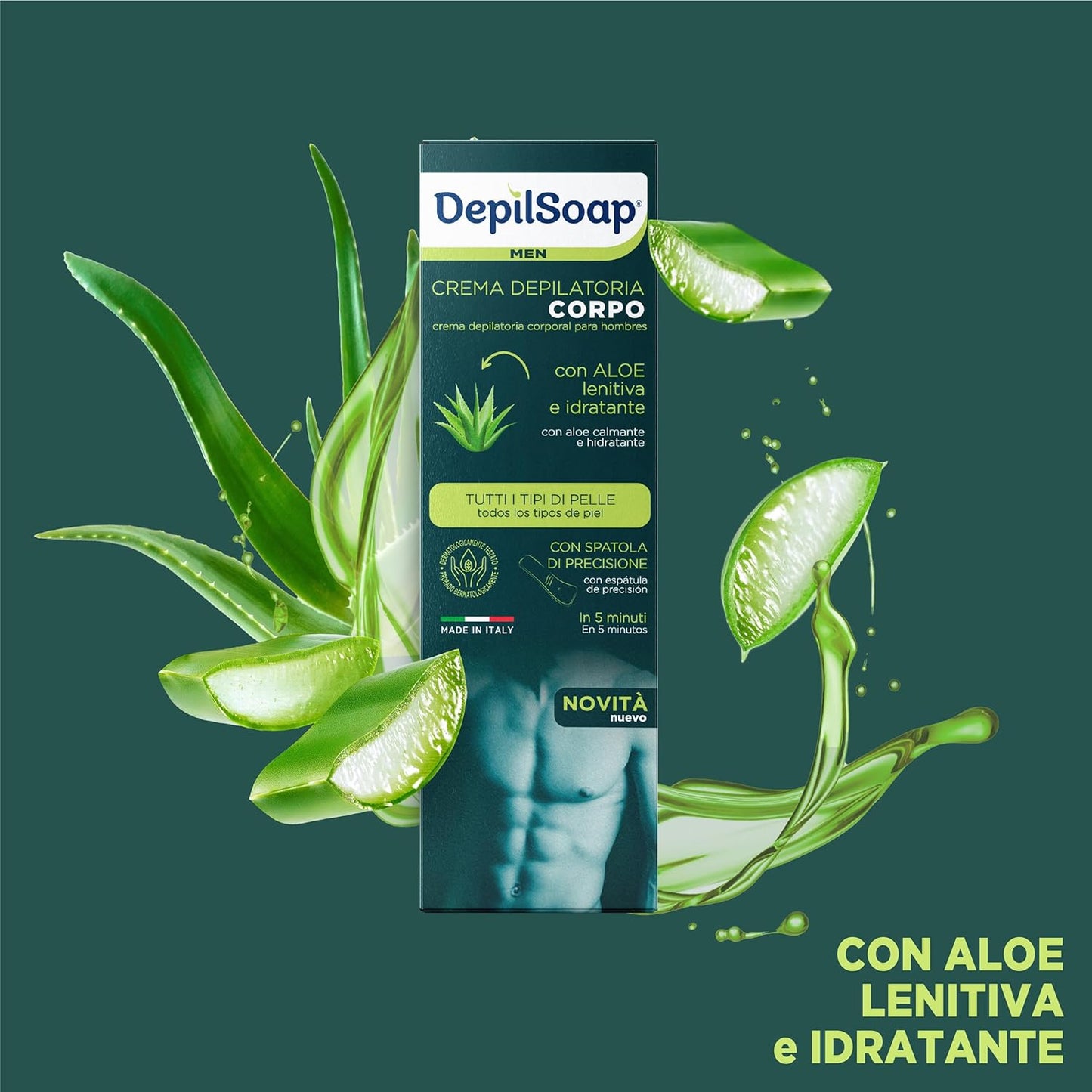 Depilsoap Men Crema Depilatoria Corpo 150ml – Con Aloe Vera Lenitiva e Idratante – Soluzione Rapida 5 Minuti per Tutti i Tipi di Pelle con Spatola Inclusa