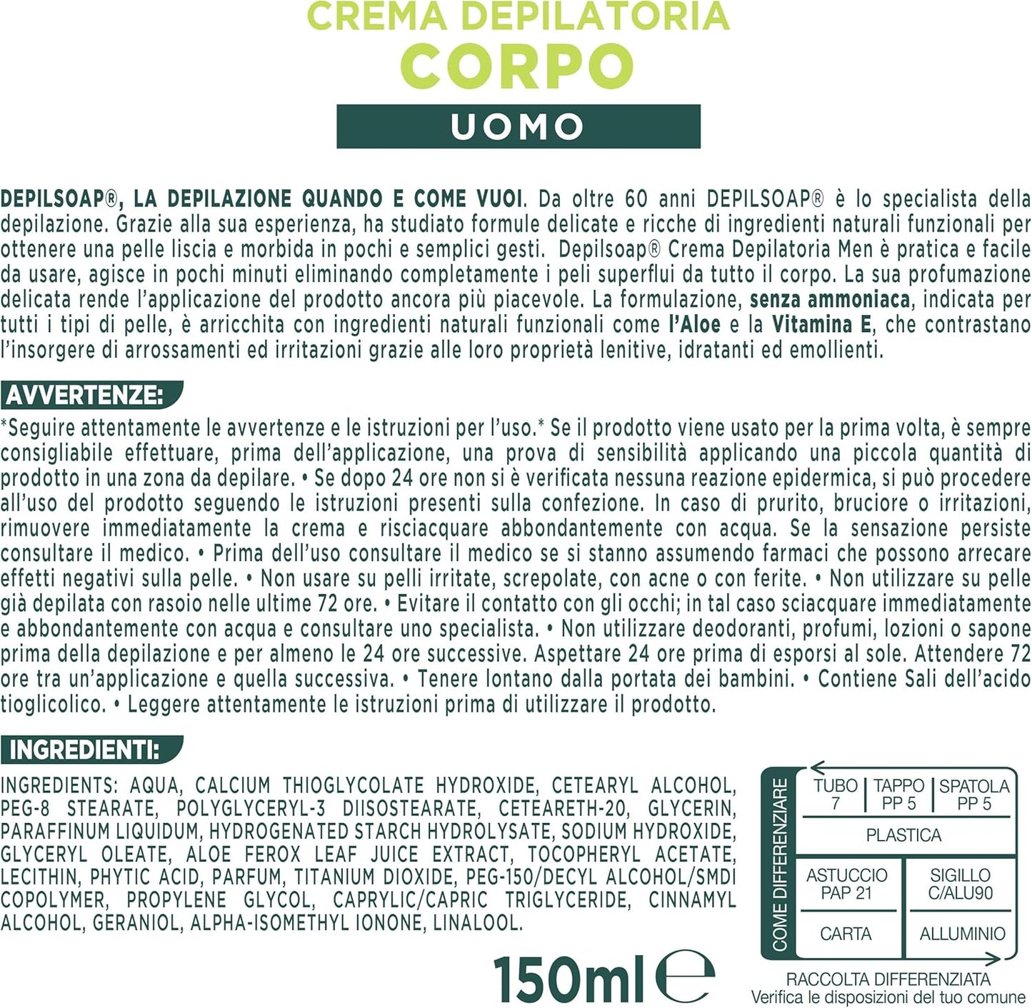 Depilsoap Men Crema Depilatoria Corpo 150ml – Con Aloe Vera Lenitiva e Idratante – Soluzione Rapida 5 Minuti per Tutti i Tipi di Pelle con Spatola Inclusa