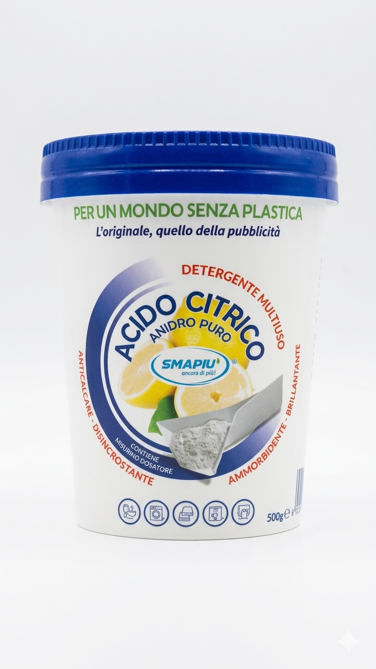 SMAPIÙ Acido Citrico Anidro Puro 500g | Anticalcare, Ammorbidente e Brillantante Ecologico | 100% Plastic-Free