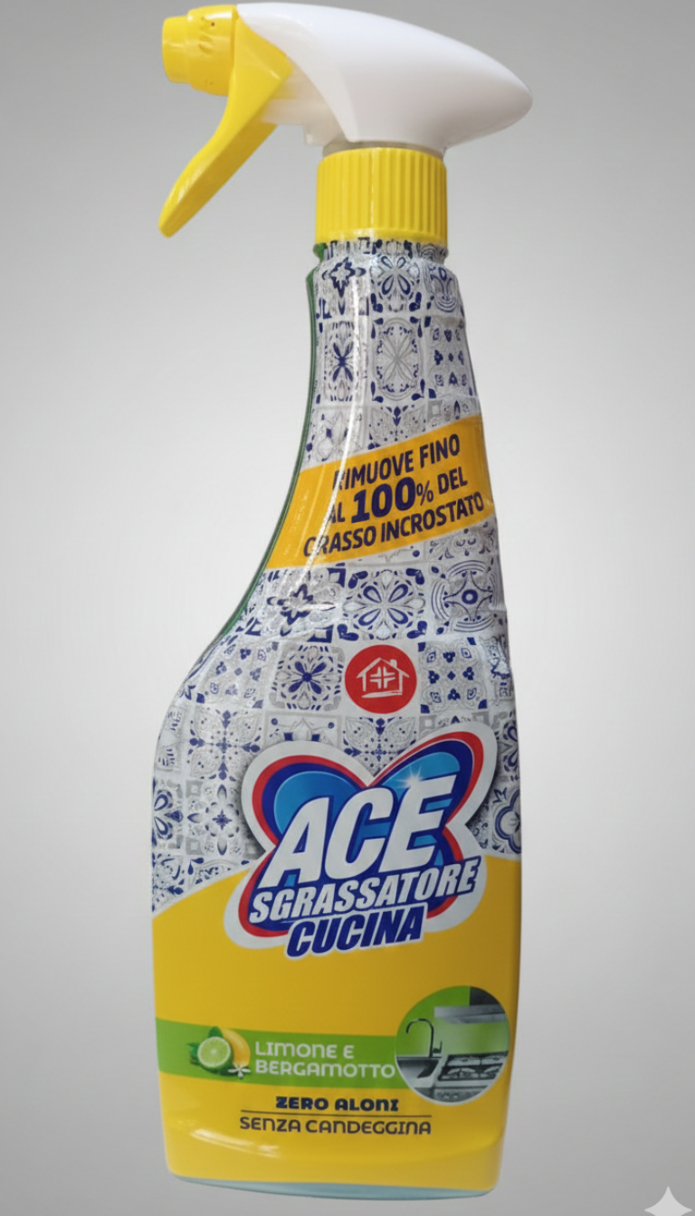 ACE Sgrassatore Cucina Professionale | 600ml | 100% Senza Candeggina | Potere Sgrassante su Incrostazioni e Grasso Ostinato | Fragranza Limone & Bergamotto