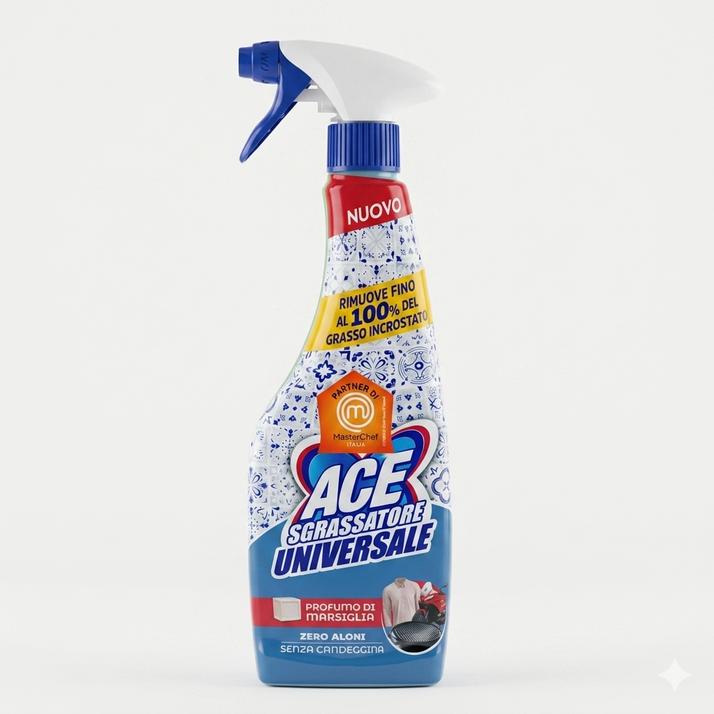 ACE Sgrassatore Universale Marsiglia 600 ml Spray | Rimuove 100% Grasso Incrostato | Zero Aloni su 40+ Superfici e Tessuti