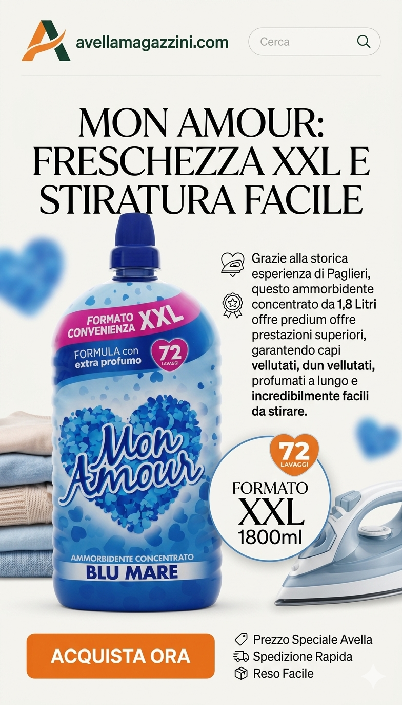 Mon Amour Ammorbidente Concentrato Blu Mare 1800ml – Formato XXL 72 Lavaggi – Extra Profumo e Stiratura Facile – Qualità Paglieri
