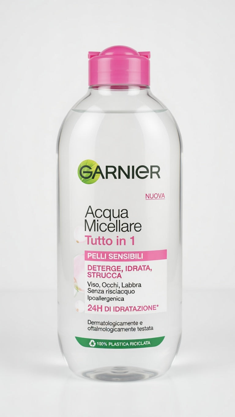 Garnier SkinActive Acqua Micellare Tutto in 1 400 ml, acqua micellare senza risciacquo per pelli sensibili, aiuta a struccare, detergere e lenire viso, occhi e labbra rimuovendo trucco e impurità, lasciando la pelle pulita, fresca e delicatamente idratata.
