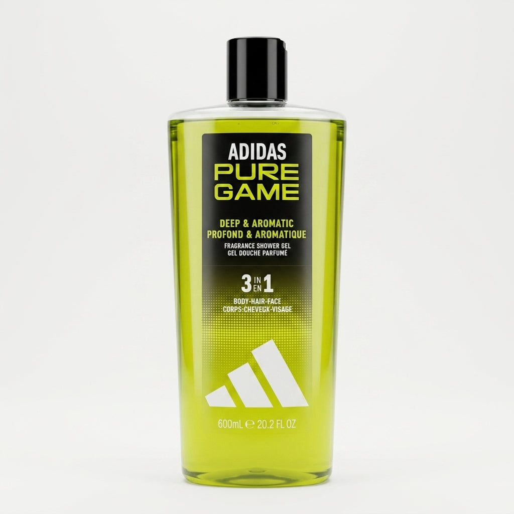 Adidas Pure Game Gel Doccia 3in1 600 ml, detergente per corpo, capelli e viso con formula vegana, senza tensioattivi a base di solfati e fragranza intensa e aromatica Smoky Woods.