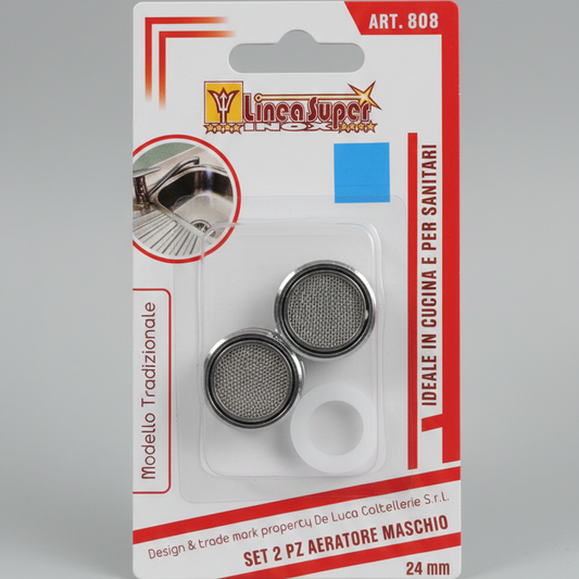 Linea Super Inox Set 2 Pezzi Aeratore Maschio 24 mm | Rompigetto per Rubinetti Cucina e Bagno | Modello Tradizionale ART. 808
