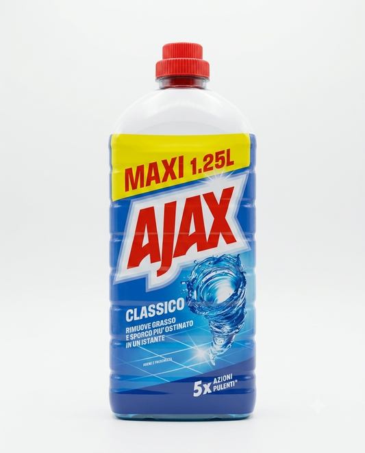 Ajax Classico detergente multiuso 5x1,25L, rimuove grasso e sporco ostinato con azione rapida e pulizia profonda delle superfici.