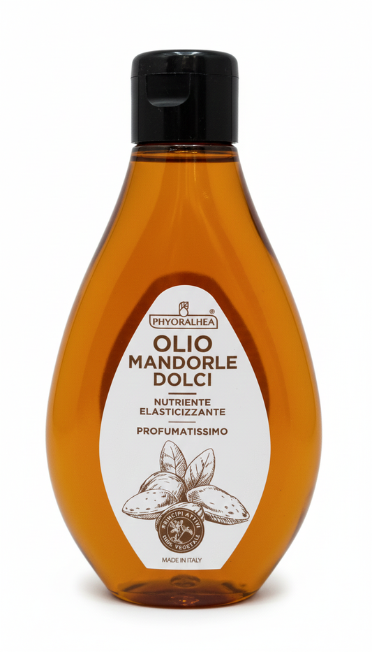 Olio di Mandorle Dolci Alhea da 250ml, trattamento elasticizzante e anti-smagliature profumato, olio nutriente leggero a rapido assorbimento per tutti i tipi di pelle, formula dermotestata e Made in Italy.