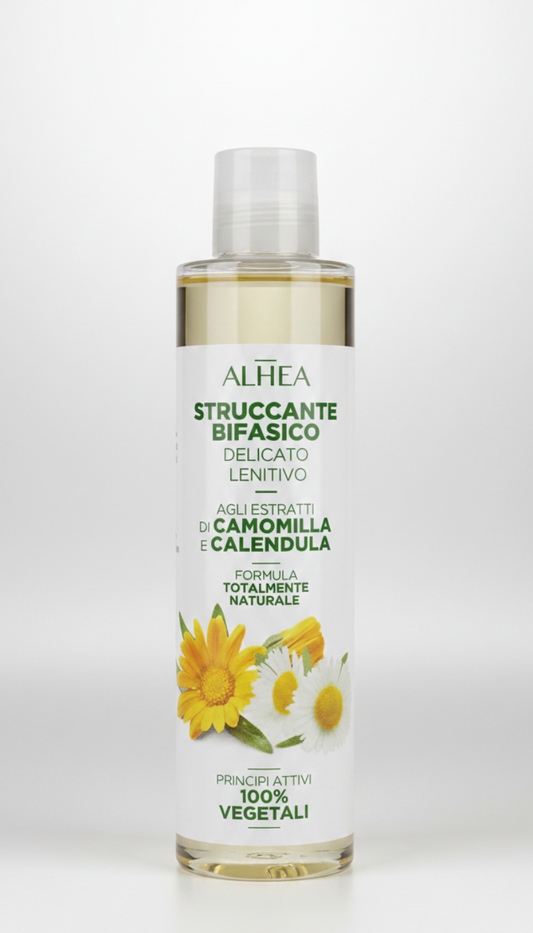 ALHEA Struccante Bifasico 200ml | Delicato e Lenitivo con Camomilla e Calendula | Formula 100% Naturale e Vegetale | Per Viso e Occhi