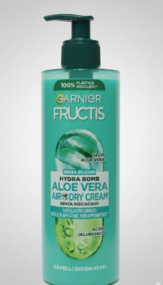 Garnier Fructis Aloe Hydra Bomb Air-Dry Cream 400ml crema senza risciacquo idratante per capelli con aloe vera e glicerina vegetale, effetto anti-crespo 48 ore.