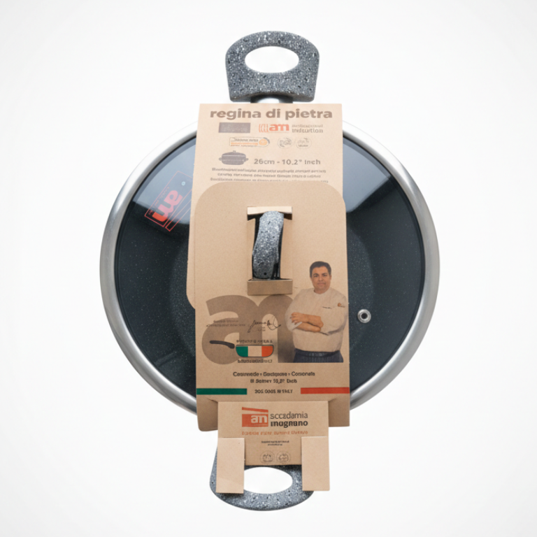 Accademia Mugnano Regina di Pietra Casseruola 2 Manici 26cm | Rivestimento Antiaderente Rinforzato con Microparticelle Naturali | Fondo Induzione Professional | Made in Italy