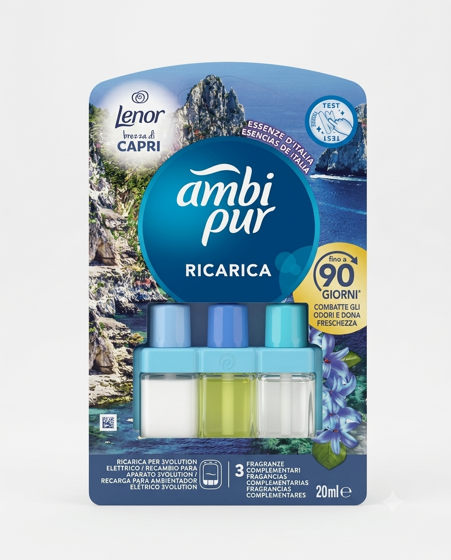 Ambi Pur 3Volution ricarica diffusore elettrico Brezza di Capri Lenor 20 ml elimina odori e freschezza mediterranea fino a 90 giorni.