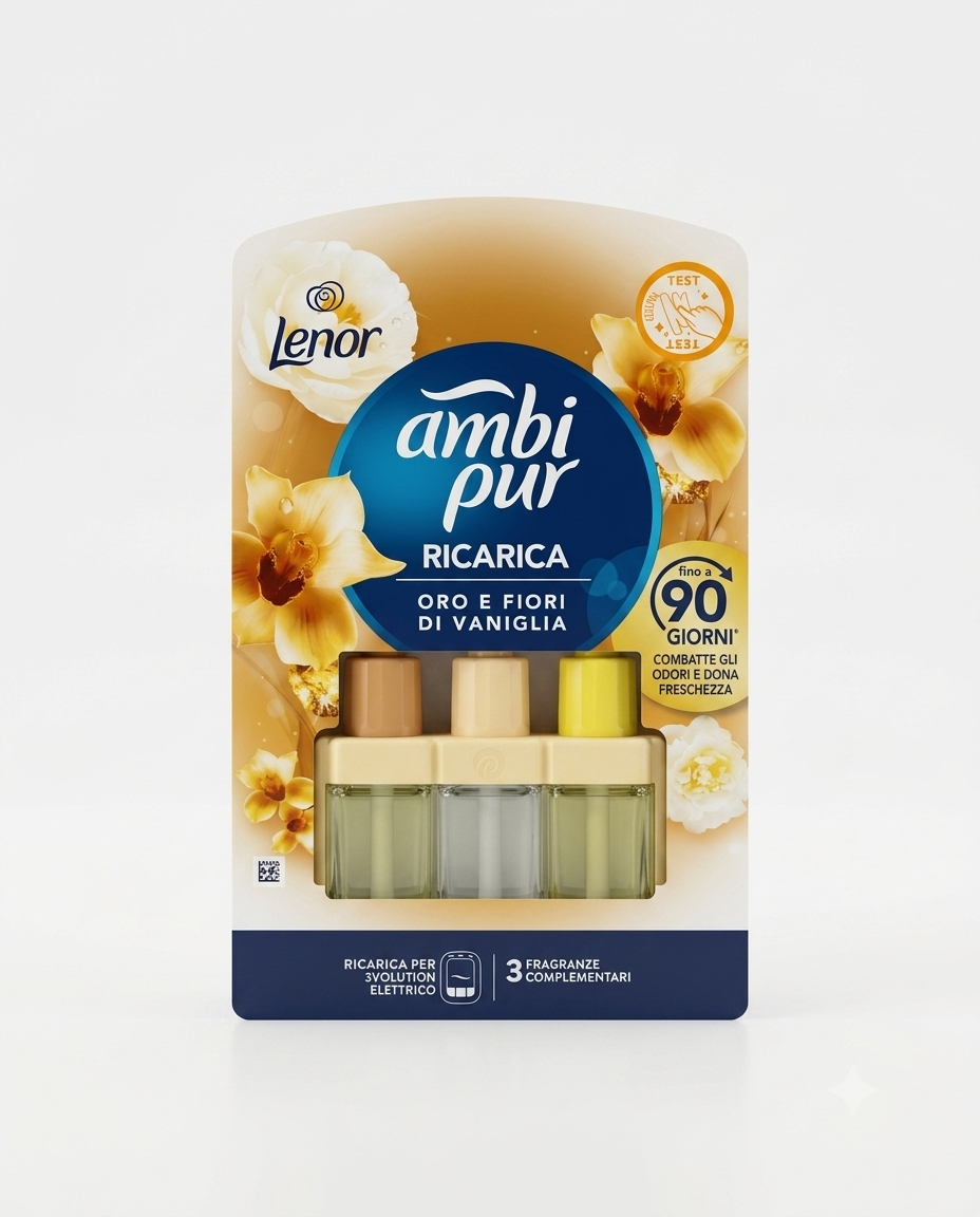 Ambi Pur 3Volution ricarica diffusore elettrico Oro e Fiori di Vaniglia Lenor 20 ml elimina odori fino a 90 giorni.